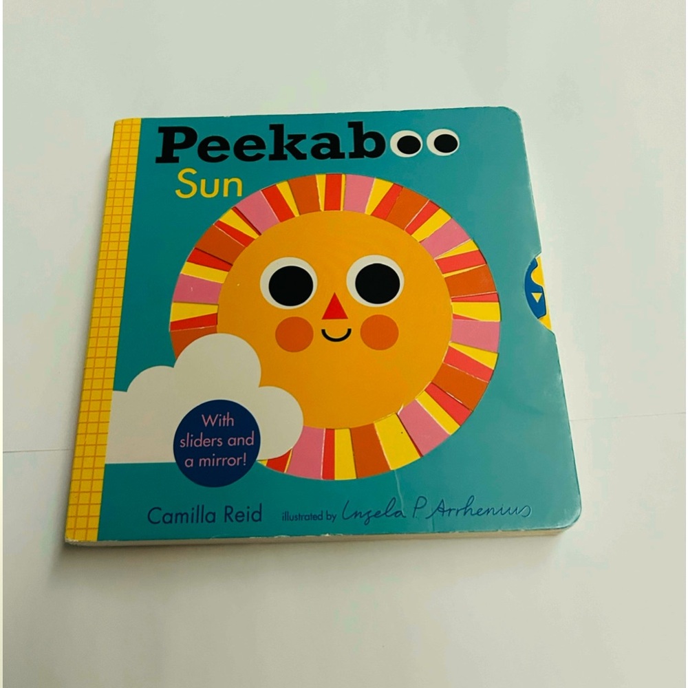 New Peekabo Sun Children's Book Slider Mirror Push Pull by Camilla Reed